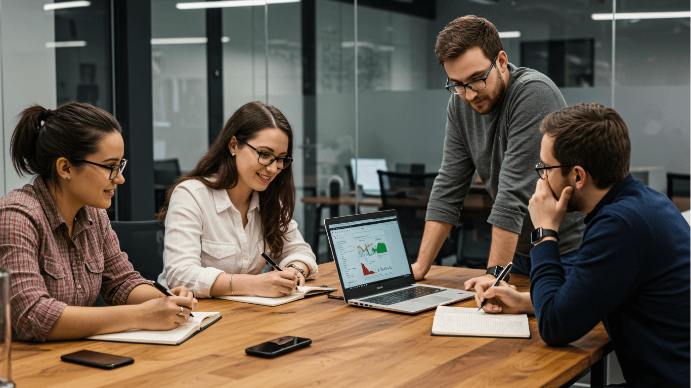 Team collaborating in meeting room